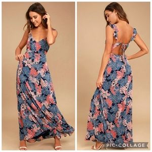 Lulu's Floral Print Chiffon Maxi Dress Sleeveless Open Tie Back